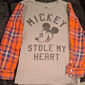 Upcycled Disney Mickey Mouse T-shirt with Flannel Sleeves